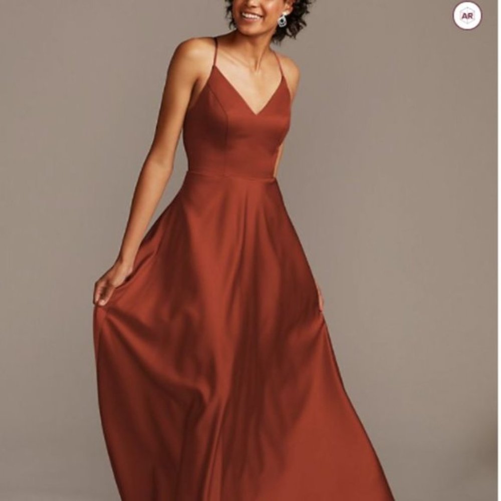 David's Bridal Cinnamon Satin Spaghetti Strap A Line Formal Bridesmaid/Mob Dress